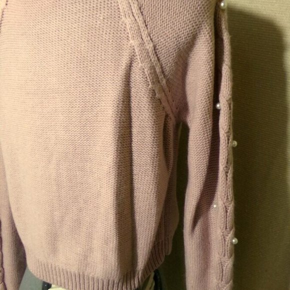FRESHMAN Cable knit Pearl Beaded Sweater Top XS Pink crop Scoop neck Long Sleev - Picture 9 of 10